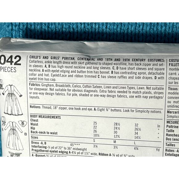 Simplicity 5042 pattern Girls Puritan centennial 18th 19th century dress S M L - Picture 5 of 6